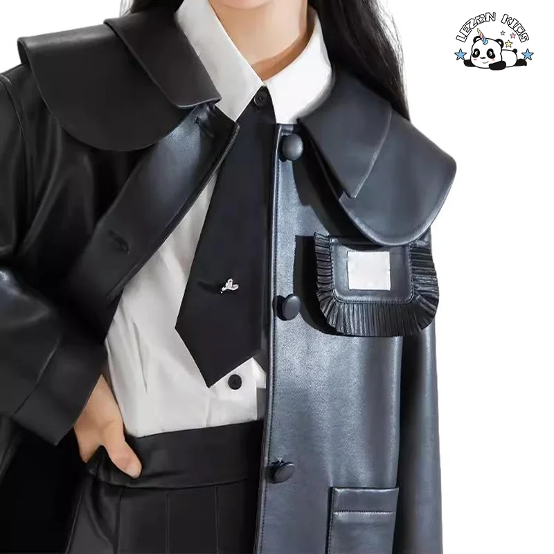 LEZONKIDS - Conjunto de couro de gola de boneca de alta qualidade para meninas, conjunto de saia de couro plissada de duas peças